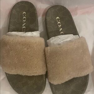 New Women’s Ivory Coach Tan Fur Ulla Shearling Slides 9M